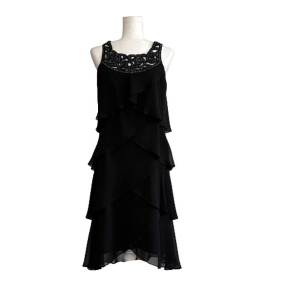 SLNY Dress Black Chiffon Beaded Neckline Sleeveless Tiered Ruffle Size 10 NEW - Picture 12 of 12